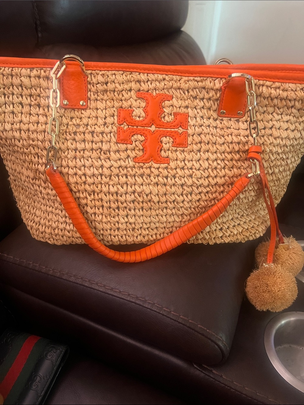 Tory Burch Natural Woven Tote with Orange Trim